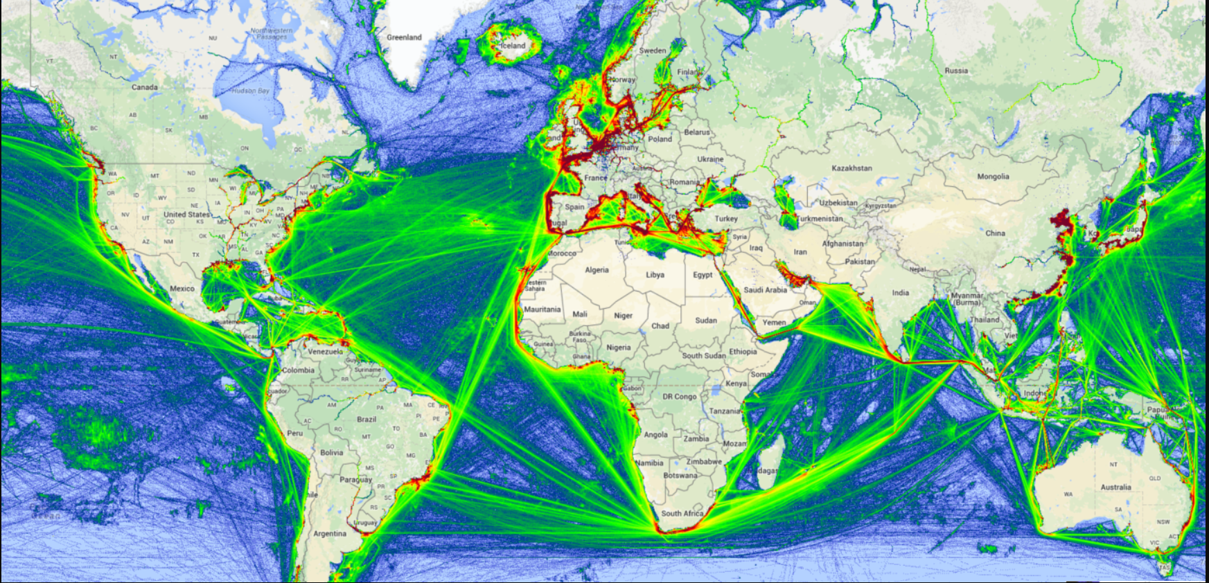 Global maritime shipping traffic density map